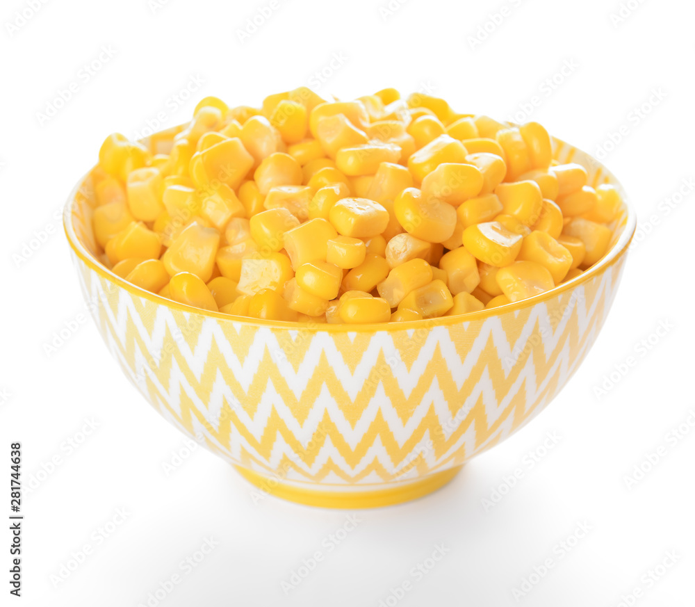 Bowl with corn kernels on white background