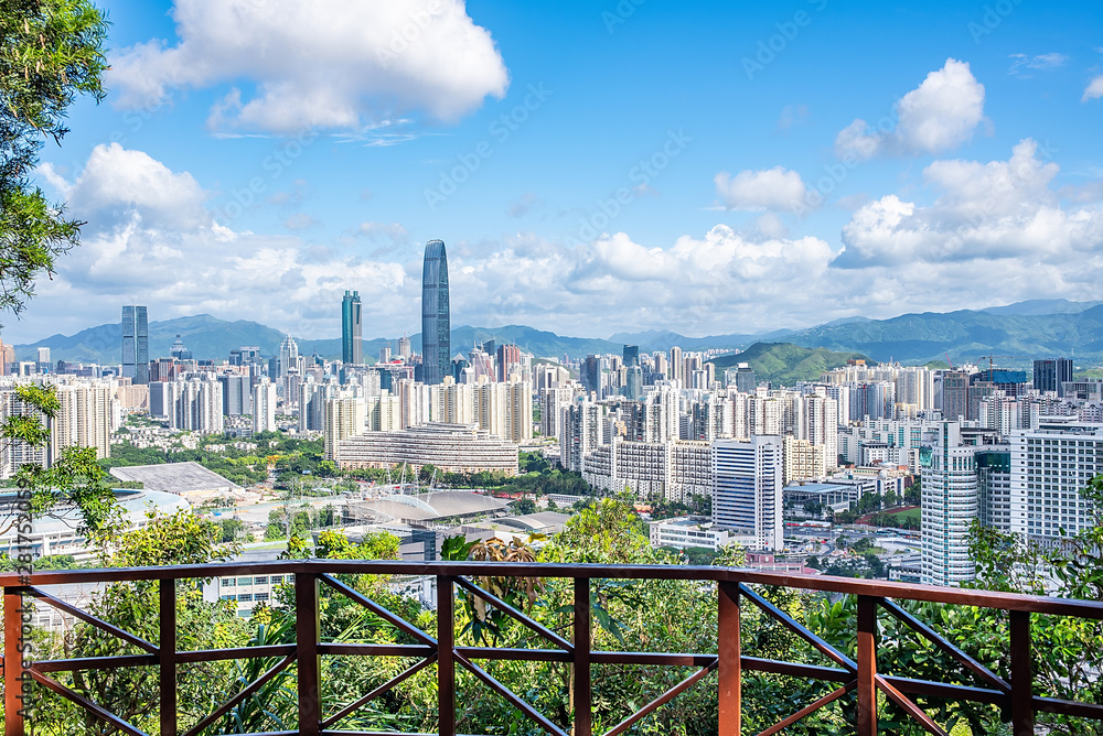 Bijiashan Park Peak Observation Deck overlooking Shenzhen city scenery aerial view