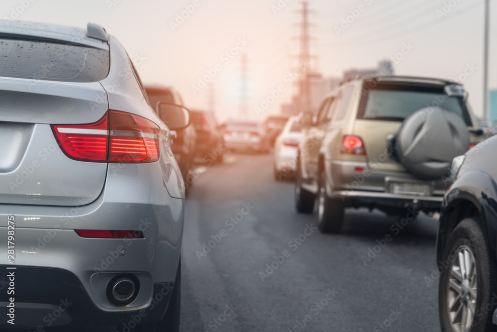 traffic jam with rows of cars