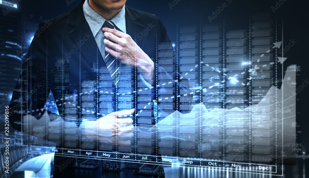 Double Exposure Image of Business and Finance - Businessman with report chart up forward to financia