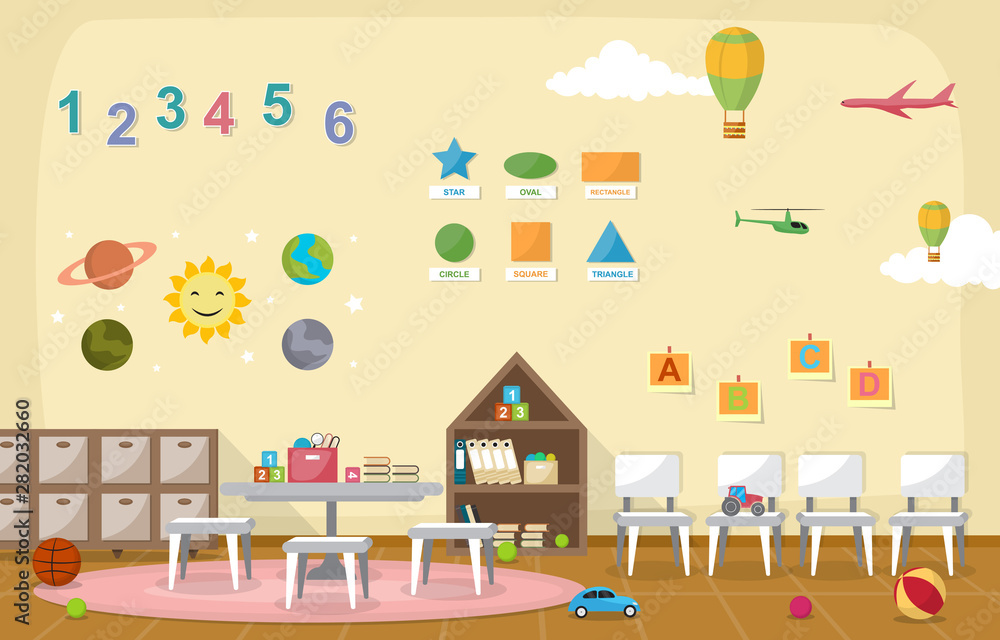 Kindergarten Classroom Interior Children Kids School Toys Furniture Vector Illustration