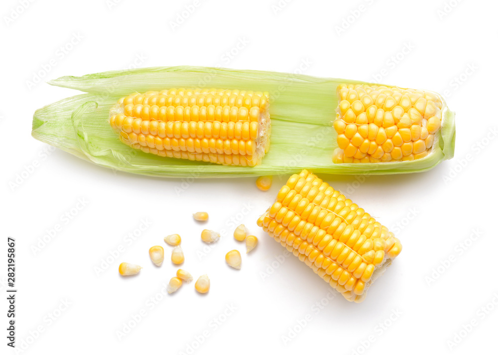 Fresh cut corn cob on white background