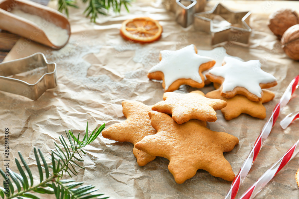 Composition with tasty Christmas cookies on table