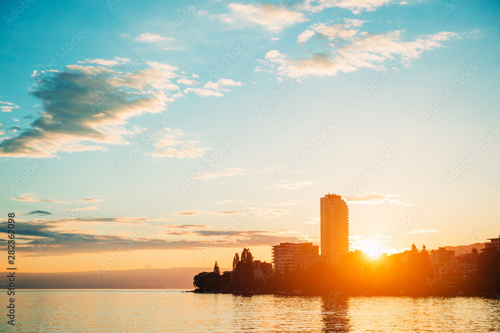 Stunning summer sunset over Lake Geneva, image taken in Montreux, Switzerland