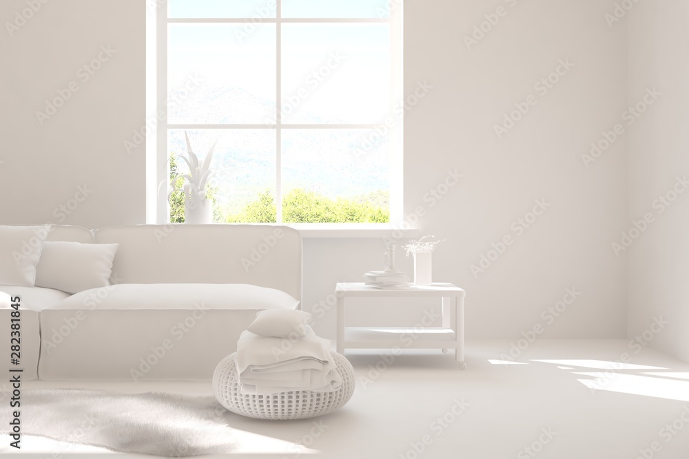 Mock up of stylish room in white color with sofa. Scandinavian interior design. 3D illustration