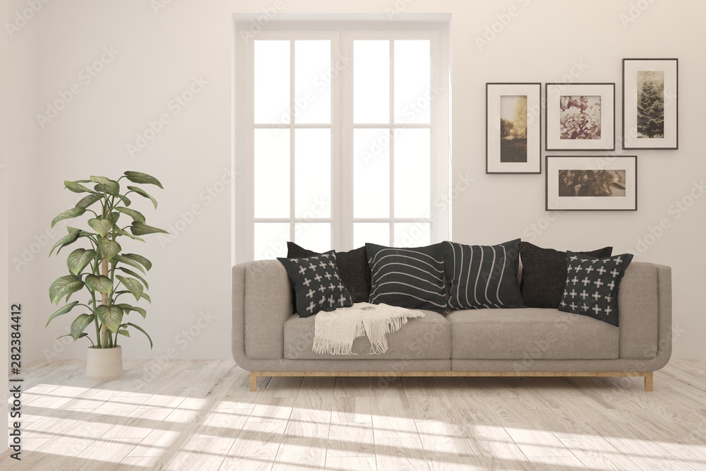 Stylish room in white color with sofa. Scandinavian interior design. 3D illustration