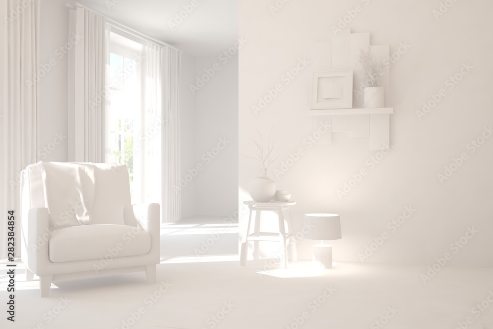 Mock up of stylish room in white color with armchair. Scandinavian interior design. 3D illustration