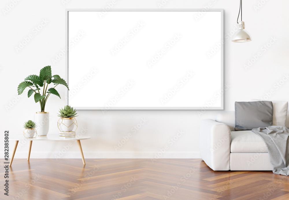 Frame hanging in bright white living room with plants and decorations mockup 3D rendering