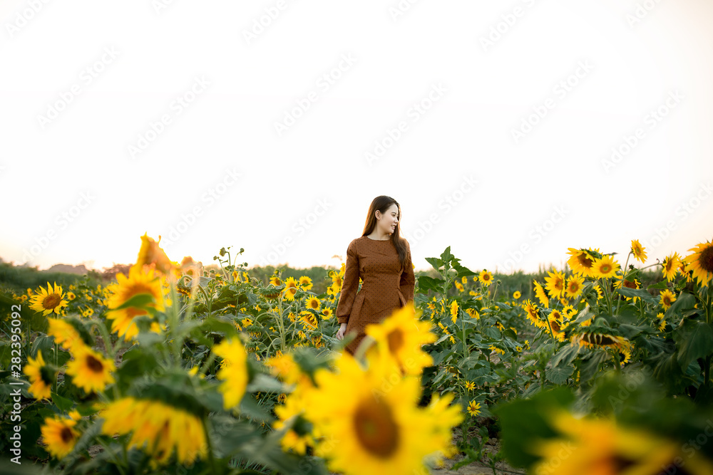 幸福的亚洲女人在阳光明媚的夏日向日葵上