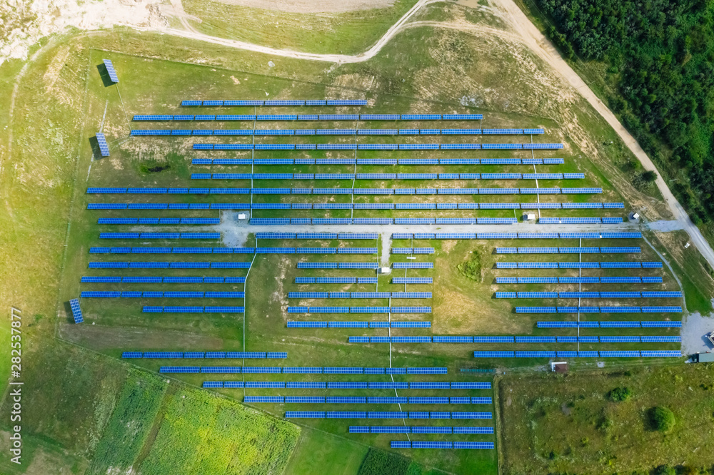 Aerial solar photovoltaic. Industrial landscape with different energy resources. Sustainable develop