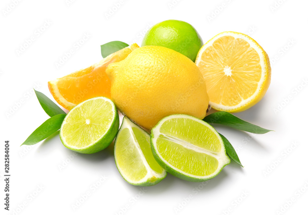 Different citrus fruits on white background