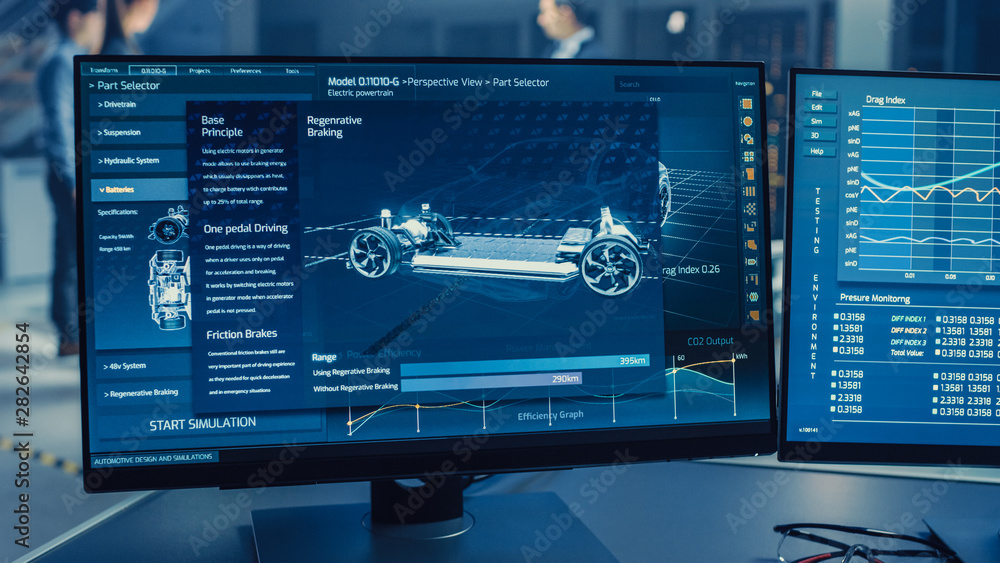 Professional Engineer Works on a Computer with a 3D CAD Software and Tests the Electric Car Chassis 