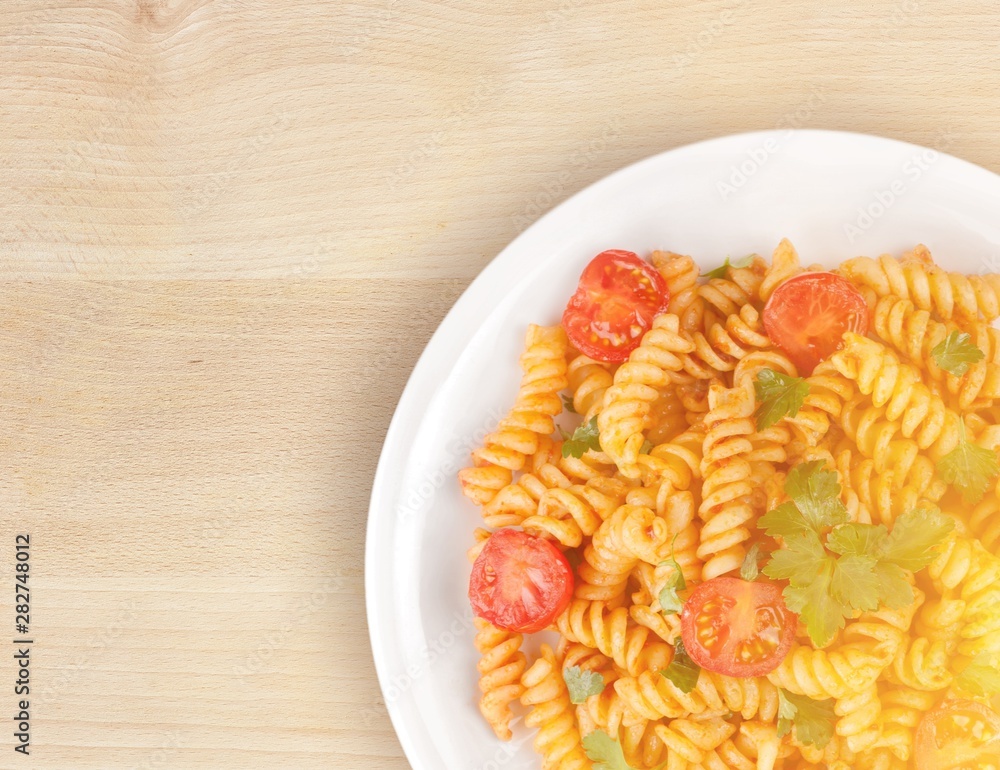 Pasta fusilli with bolognese tomato beef sauce