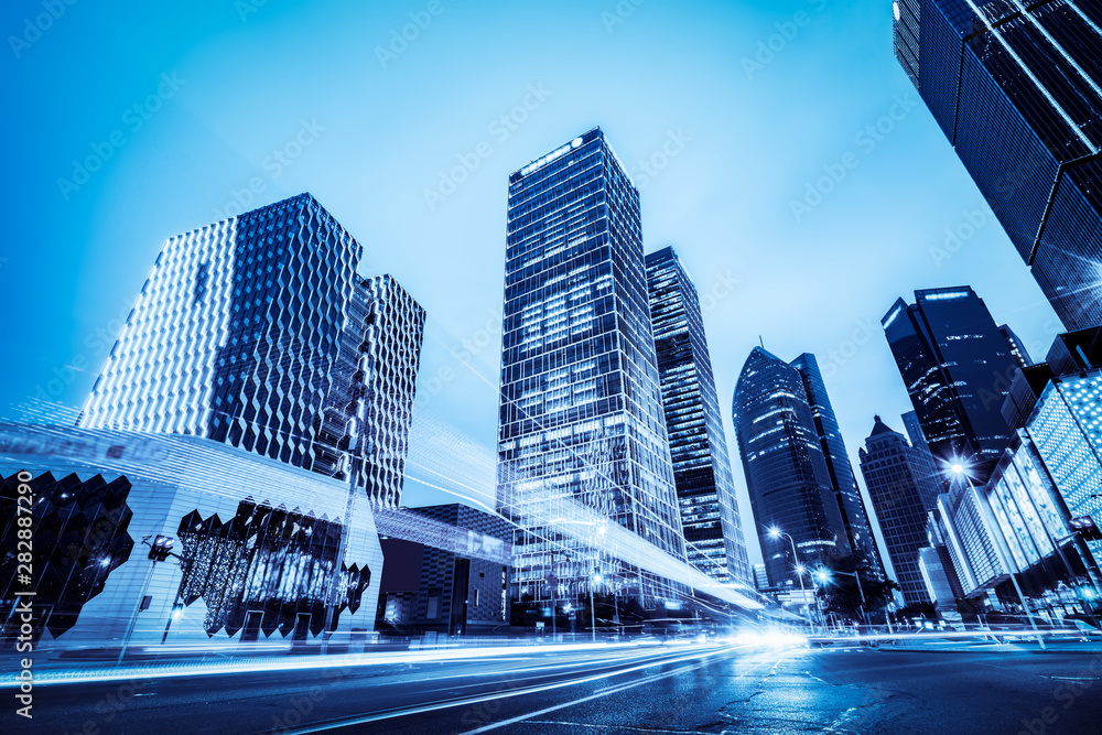 the light trails on the modern building background