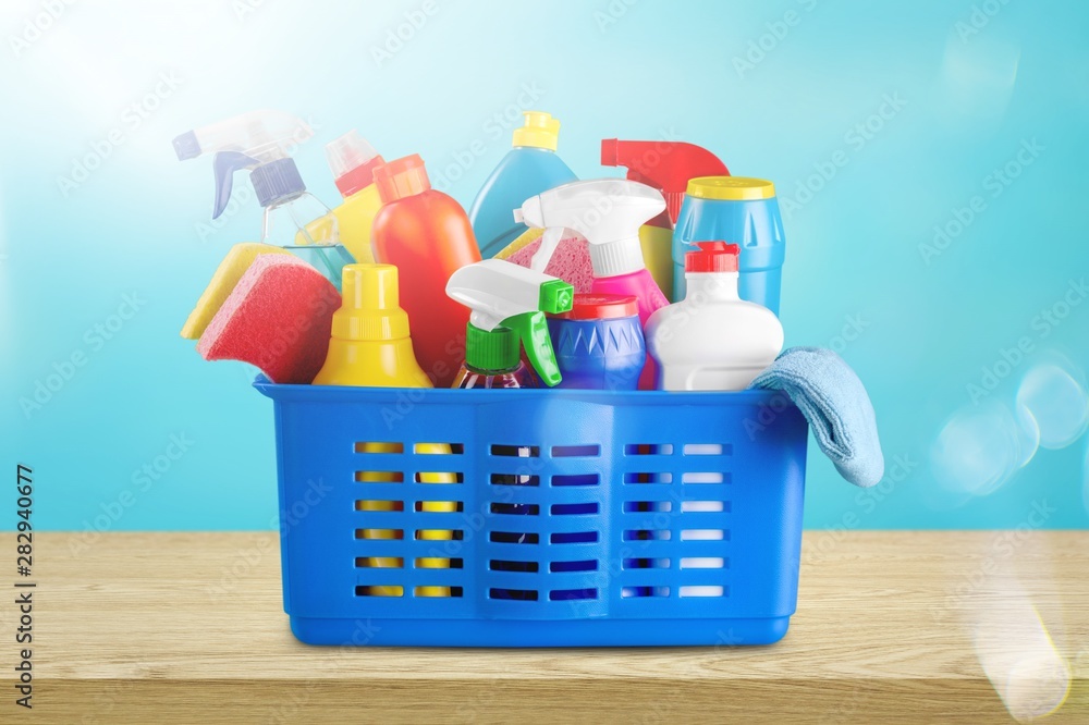 Cleaning Products and Supplies in Basket  - Isolated