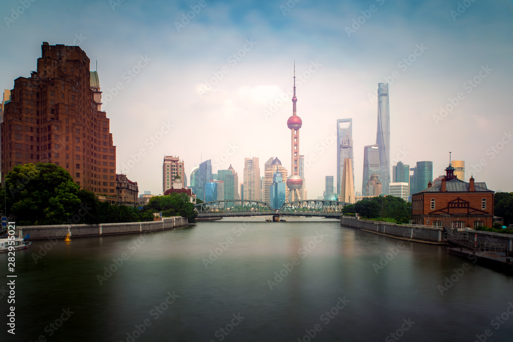 Shanghai lujiazui finance and business district trade zone skyline with cruise ship, Shanghai China