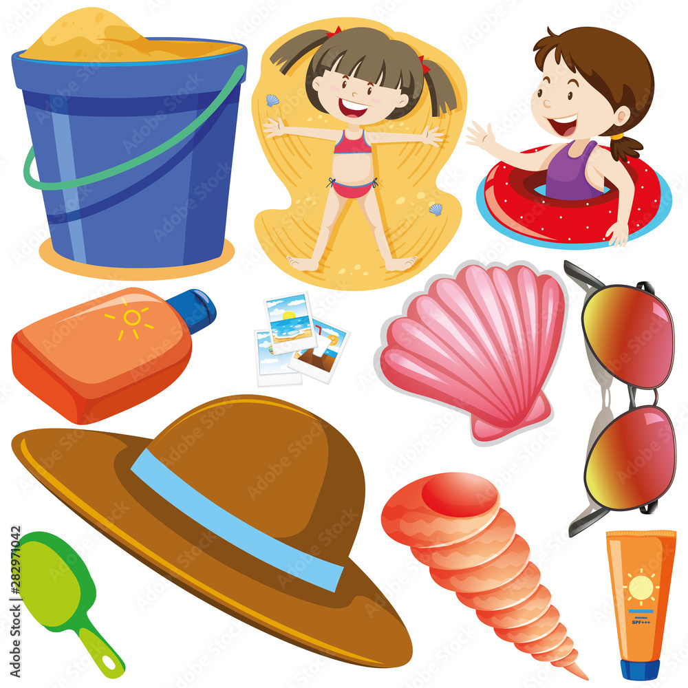 set of isolated objects theme girls on beach