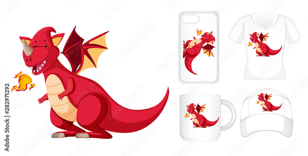 Graphic design on different products with red dragon