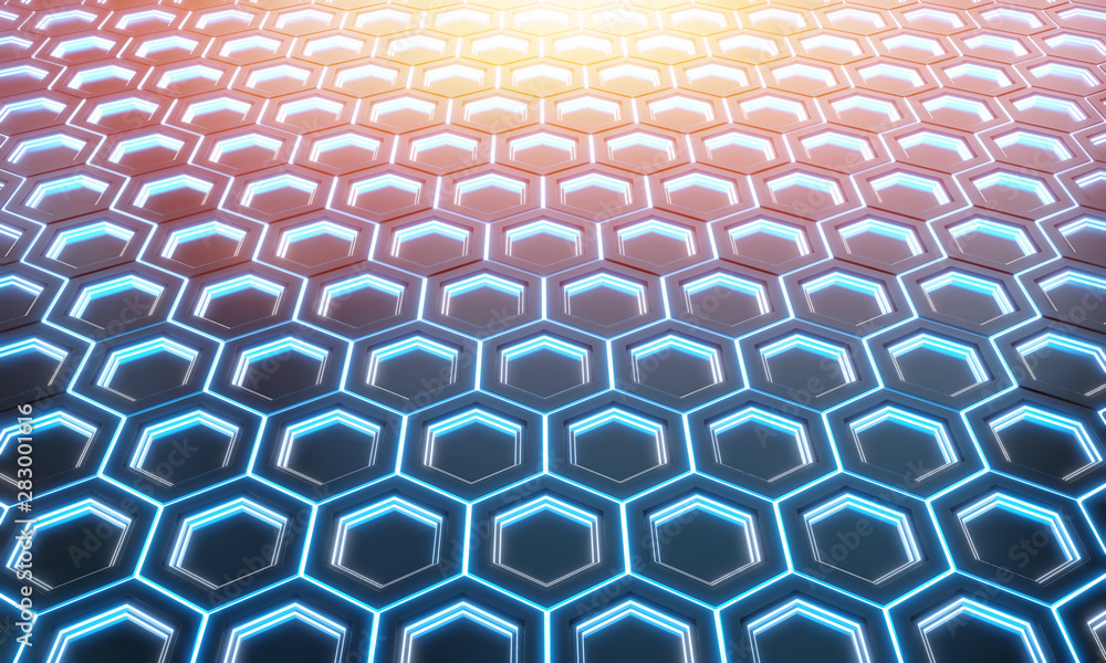 Glowing black blue and orange hexagons background pattern on silver metal surface 3D rendering