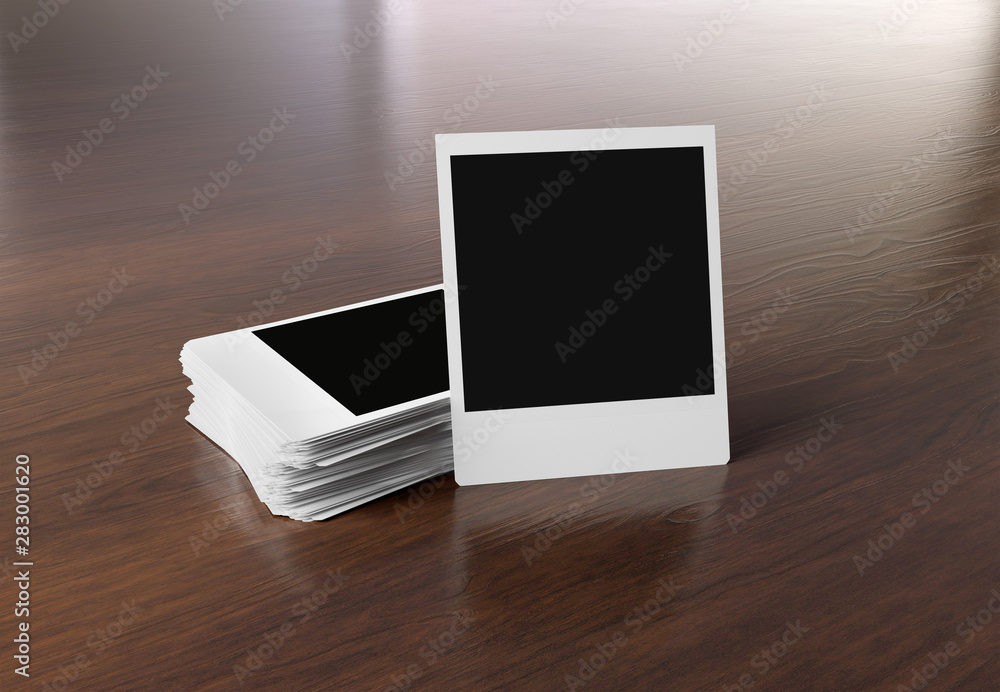 Stack of instant photos on wooden surface 3D rendering