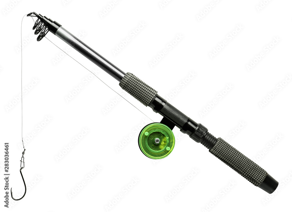 Modern fishing tackle on white background