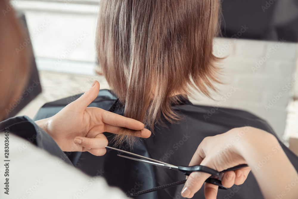 Female hairdresser working with client in salon, closeup