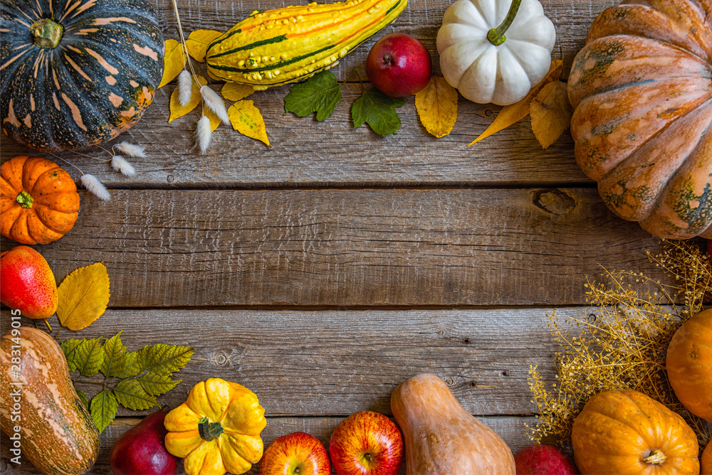 Frame of organic food. Vegetables and fruits on vintage table.