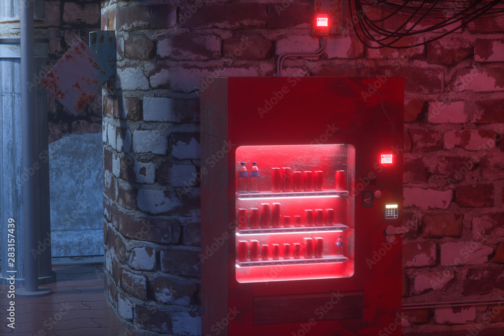 A retro street with vending machines on the side of the road at night, 3d rendering.