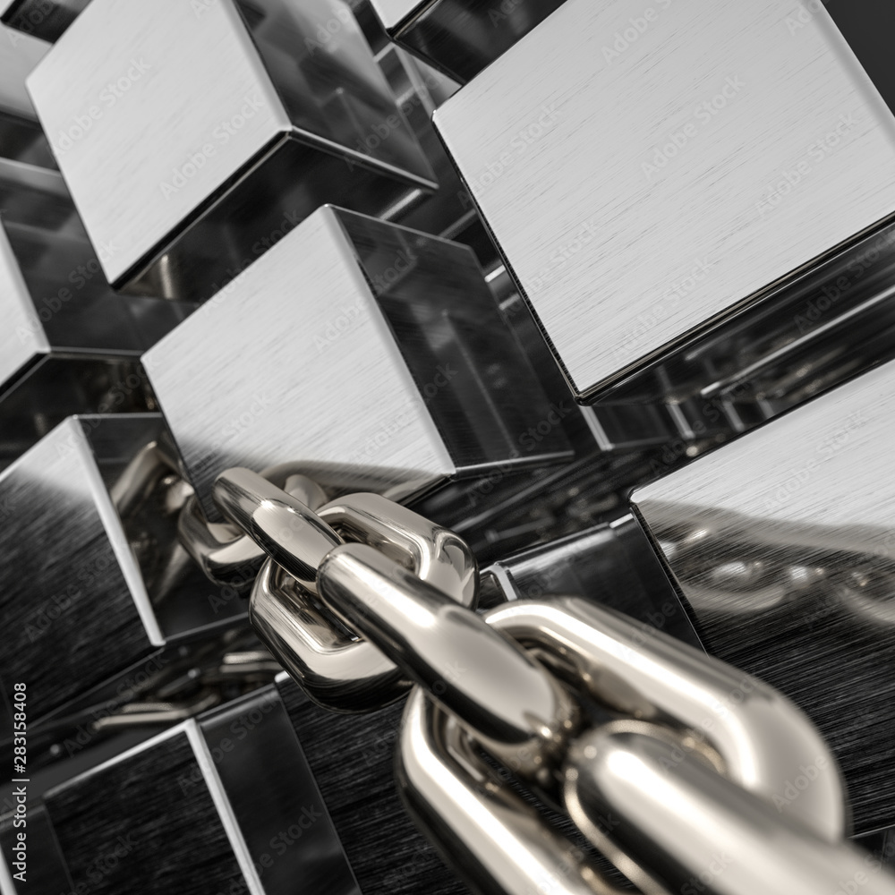 Metal chains and cubes background, 3d rendering.