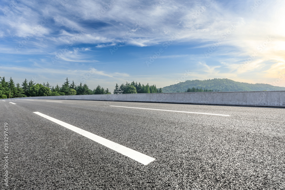 Country asphalt road and green woods nature landscape in summer