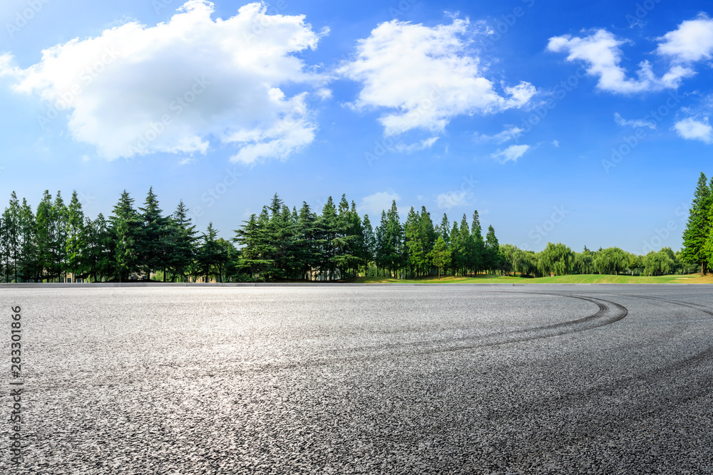 Asphalt race track and green woods nature landscape in summer