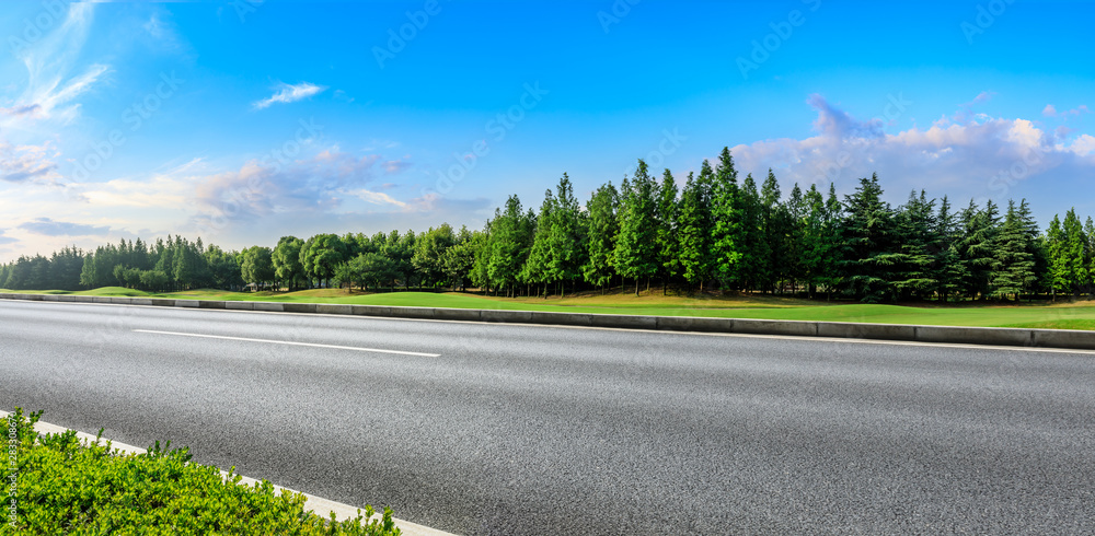 日落时的乡村道路和绿色森林自然景观