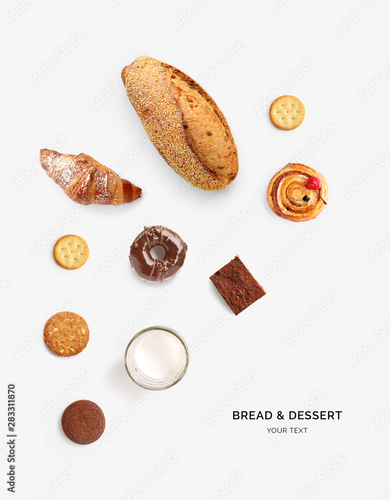 Creative layout made of donuts, cookies, milk on pink background. Flat lay. Food concept. Macro  con