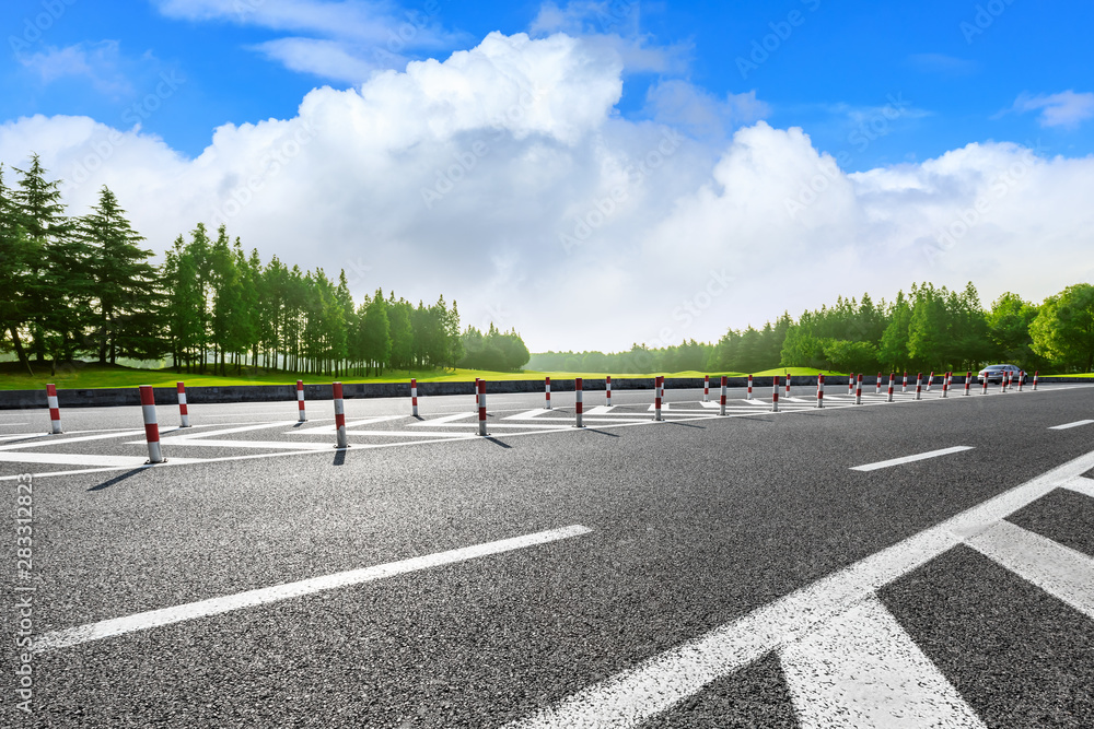 Country asphalt road and green woods nature landscape in summer