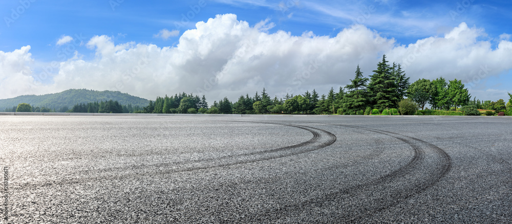 Asphalt race track and green woods nature landscape in summer