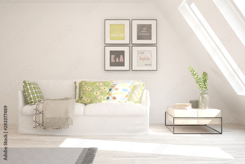 Stylish room in white color with sofa. Scandinavian interior design. 3D illustration