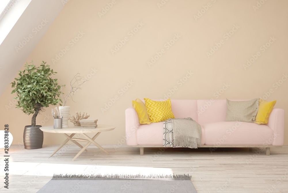 Stylish room in white color with sofa. Scandinavian interior design. 3D illustration