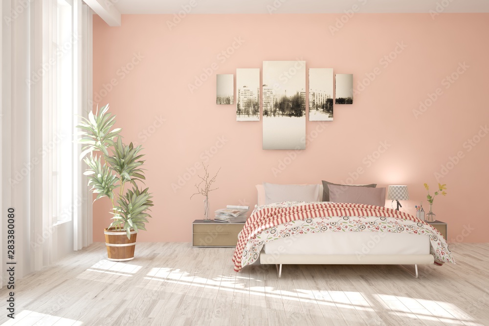 Stylish bedroom in pink color. Scandinavian interior design. 3D illustration