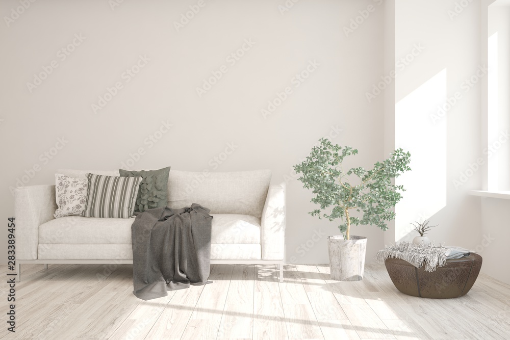 Stylish room in white color with sofa. Scandinavian interior design. 3D illustration