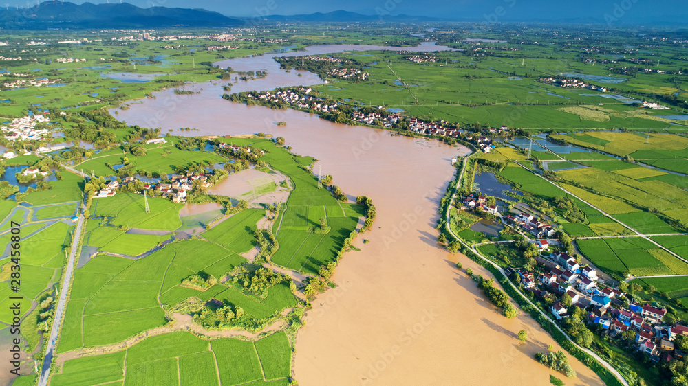 Aerial photo of rural scenery after early autumn rain in xuancheng city, anhui province, China