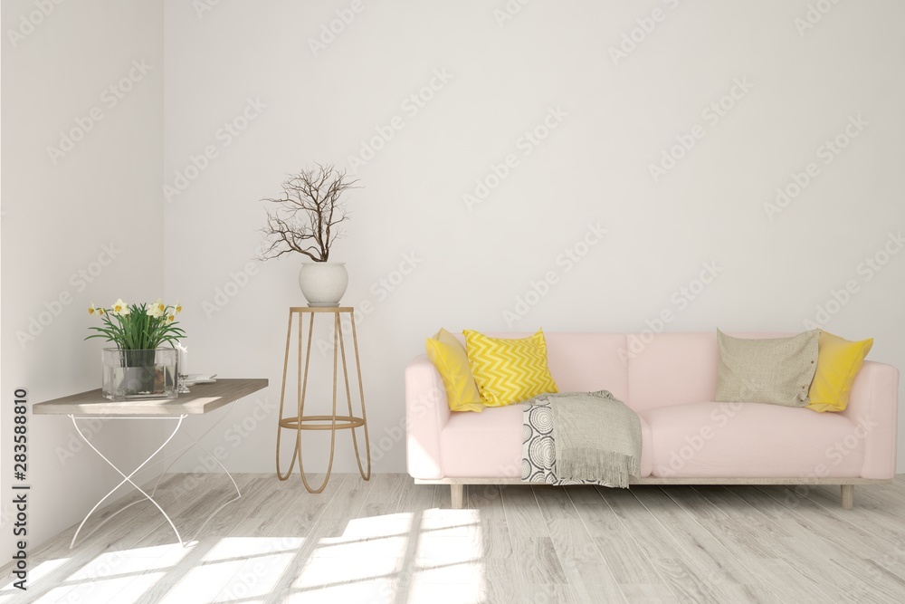 Stylish room in white color with sofa. Scandinavian interior design. 3D illustration