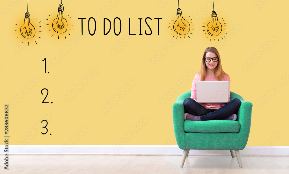 To do list with young woman using her laptop in a chair