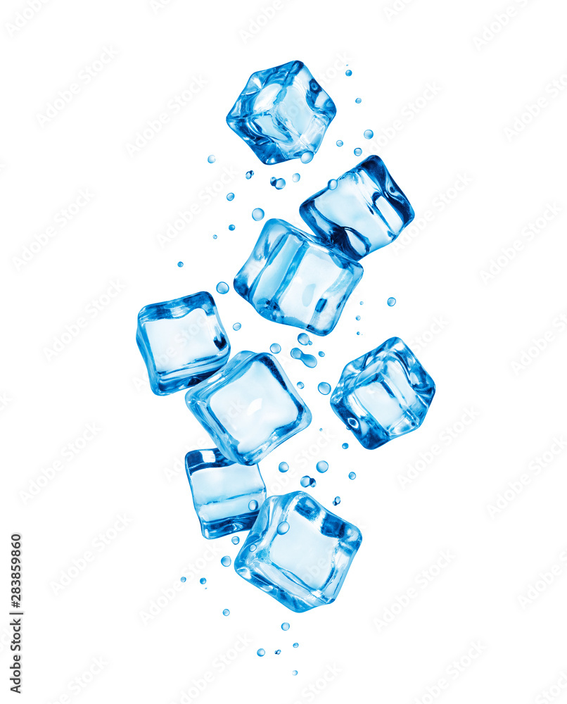 Ice cubes in dynamic motion frozen in the air on white background