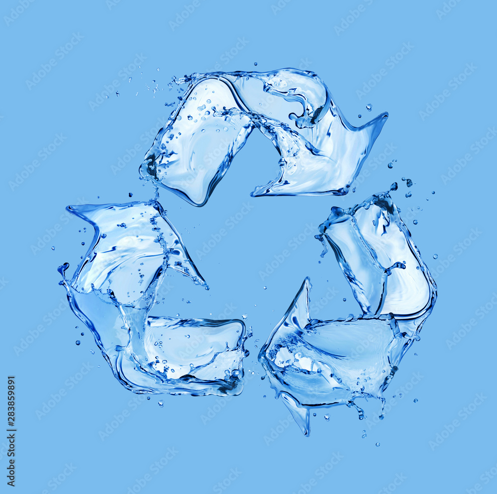 Recycling sign made of water splashes on blue background