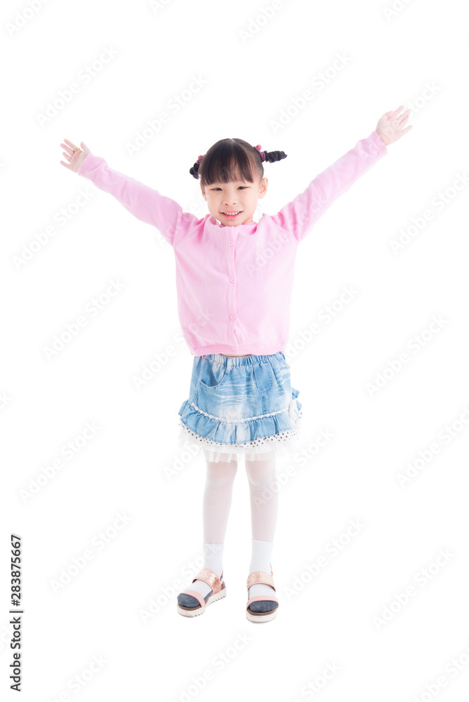 Little asian girl standing with open arms and smiles over white background