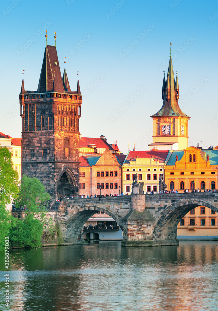 Scenic view Charles bridge and historical center of Prague, buildings and landmarks of old town at s