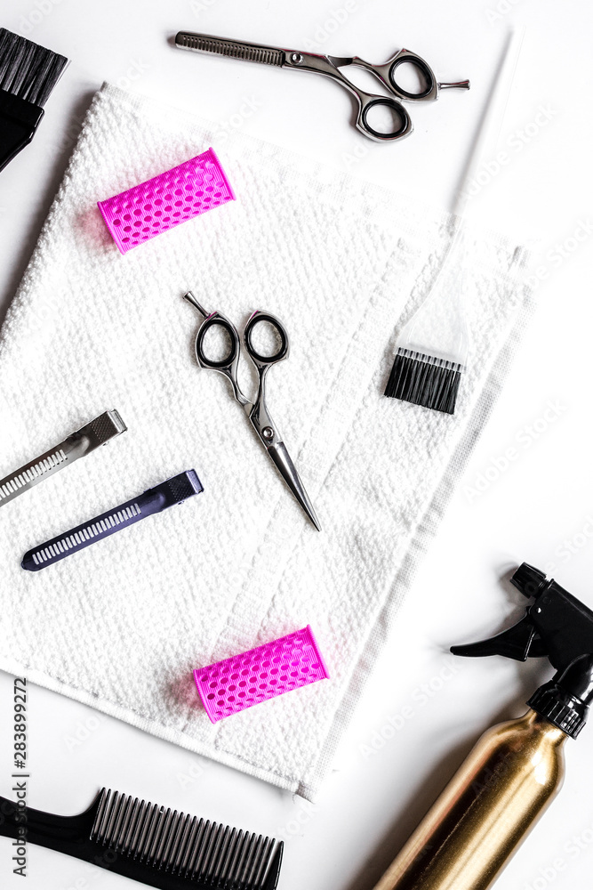 hairdresser working desk preparation for cutting hair top view