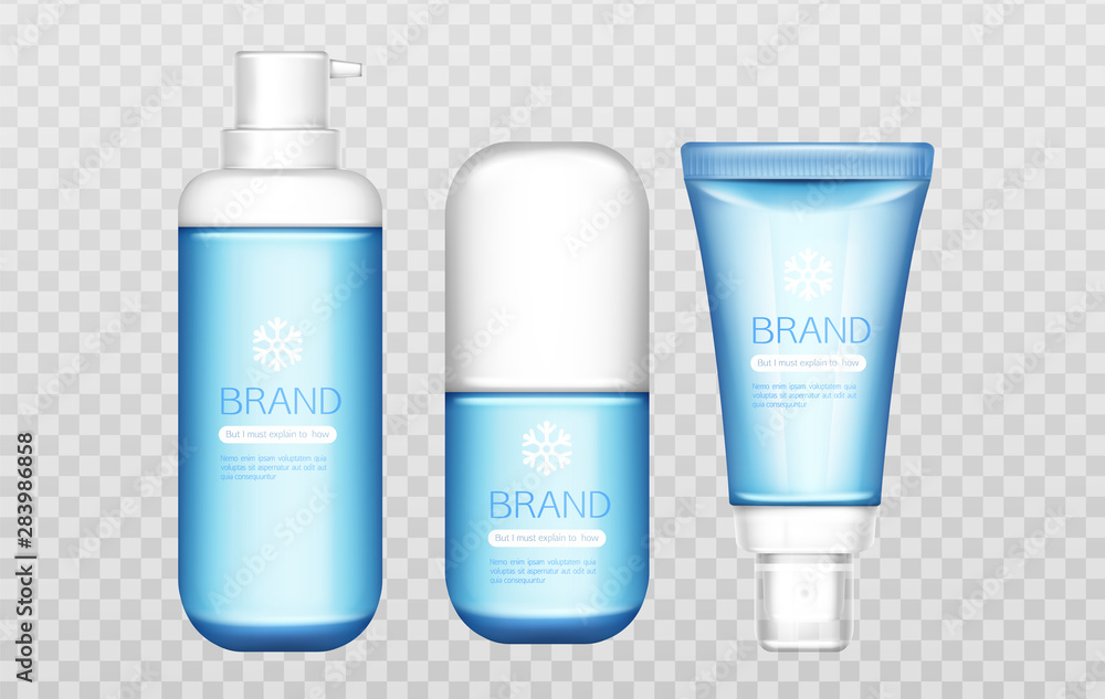 Winter cosmetic tubes set isolated on transparent background mock up, beauty cosmetics product blue 