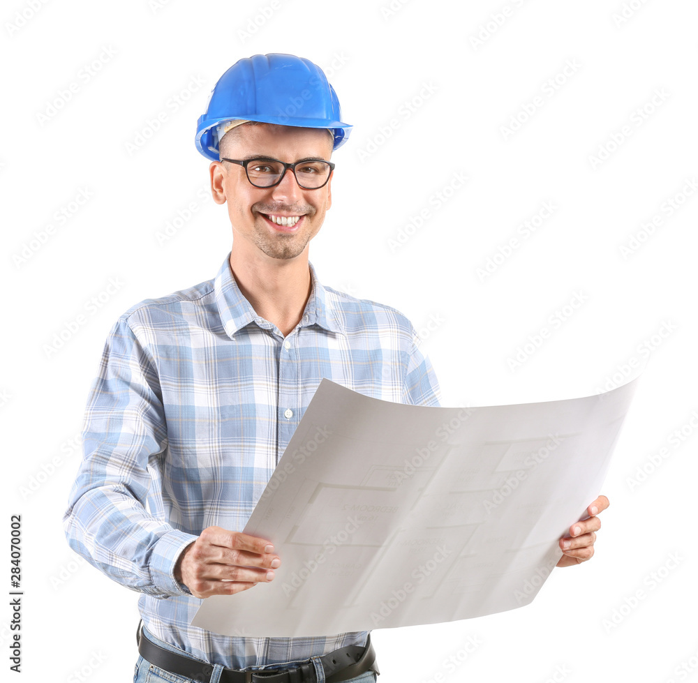 Handsome male architect on white background