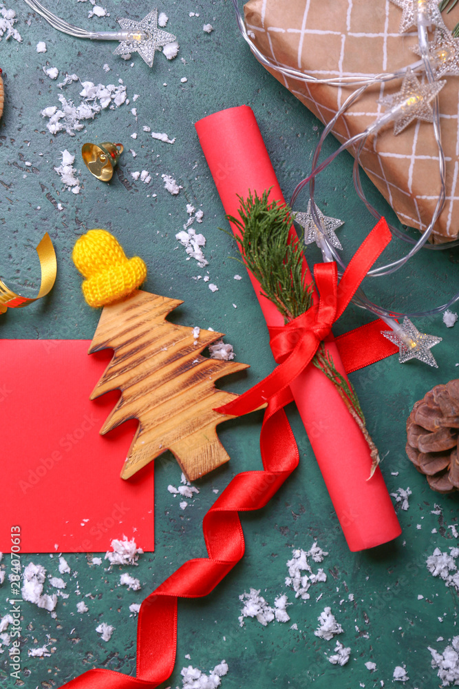 Beautiful Christmas decor on color background